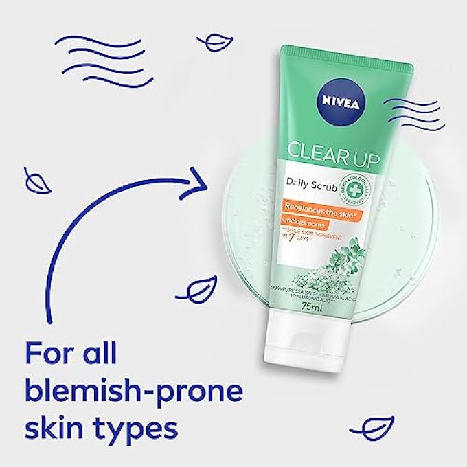 Nivea FACE SCRUB DAILY EXFOLIATING, CLEAR UP, UNCLOGS PORES, VISIBLE SKIN IMPROVEMENT, SEA SALT, SALICYLIC & HYALURONIC ACID, 75ML - Image 2
